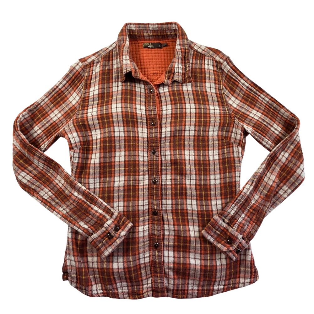 Prana Womens Organic Cotton Plaid Flannel Button Down Shirt Orange Brown Large‎